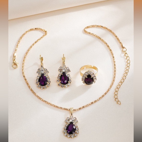 4pcs/set Water Drop Design Necklace, Earrings, Ring & Bracelet Jewelry Set - Picture 1 of 17